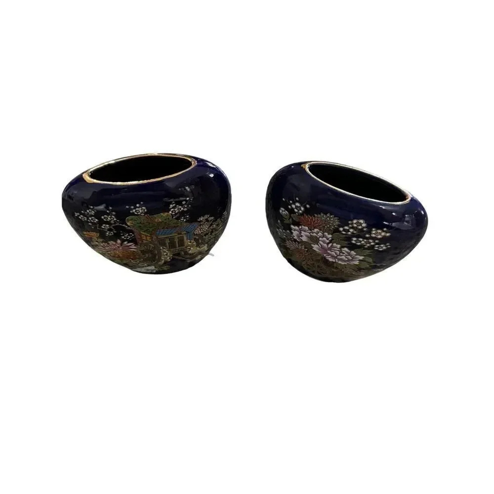 Vintage Kutani Cobalt Blue Vases (Set of Two) Enamel With Gold Accents - Picture 6 of 8